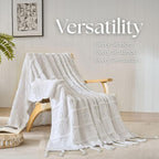 Boho Knitted Chenille Blanket with Tassels - Lightweight & Soft All-Season Throw - 3D Classic Pattern for Living Room Bedroom Couch, Cloud White, Queen 90"x90"