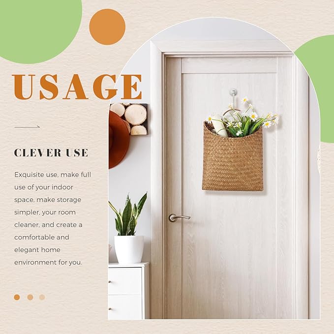 Boao 2 Pack Hanging Basket for Front Door Seagrass Wall Basket Hand Woven Different Sizes to Hold Flowers and Mail Wall Mounted Racks Storage Organize for Home Garden Farmhouse(Retro Color)