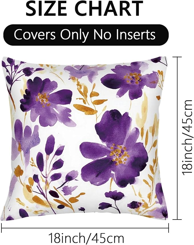 Purple Gold Watercolor Floral Throw Pillow Covers 18x18 Set of 2, Boho Gold Accent Flower Decorative Pillowcases, Spring Easter Farmhouse Cushion Covers for Couch Sofa Bedroom Living Room Home Decor