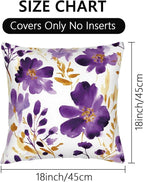 Purple Gold Watercolor Floral Throw Pillow Covers 18x18 Set of 2, Boho Gold Accent Flower Decorative Pillowcases, Spring Easter Farmhouse Cushion Covers for Couch Sofa Bedroom Living Room Home Decor