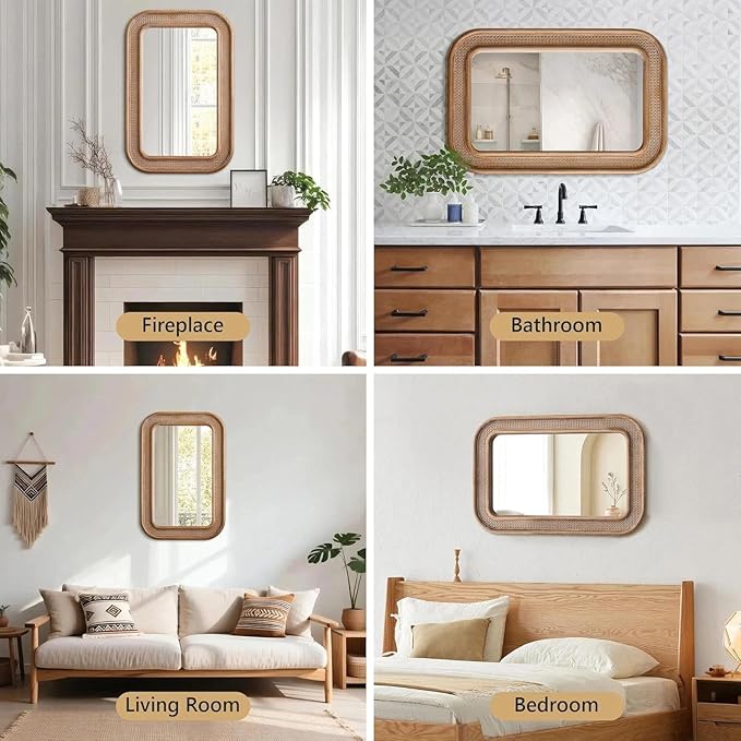 Micasso Handmade Rattan Mirror for Wall: 24"x36" Solid Wood Frame Bamboo Mirror - Distressed Finish Suit for Natural Style - Rustic Shabby Chic Wicker Mirrors for Farmhouse/Entryway for Nature Lovers