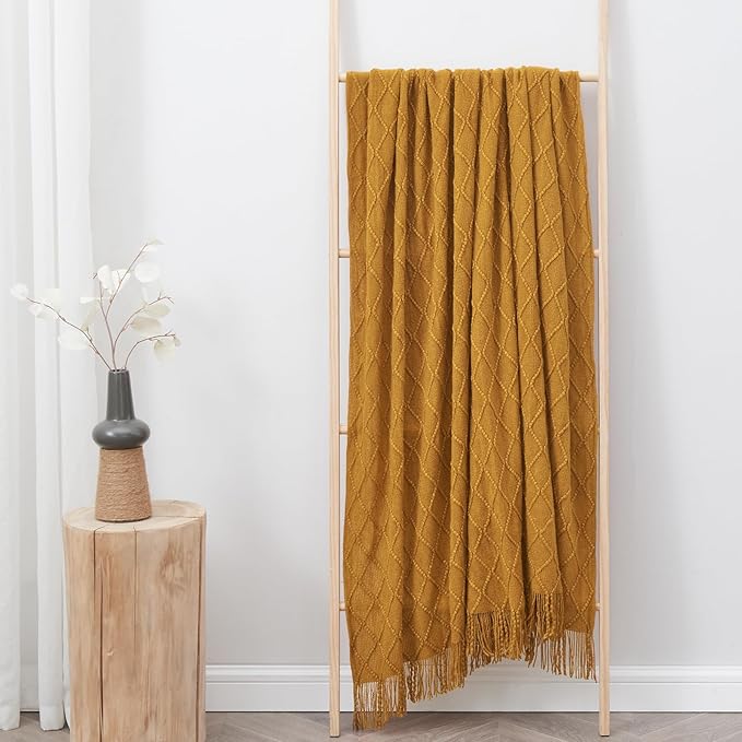 inhand Knitted Fall Throw Blanket for Couch and Bed, Knit Fall Decor Halloween Blanket with Tassel, Brown Lightweight Decorative Farmhouse Warm Woven Blankets and Throws for Women, 60"x80"