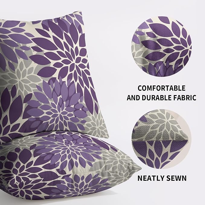 Purple Flower Pillow Covers 18X18 Inch Set of 2, Grey Gray Dahlia Floral Spring Summer Cream Decorative Throw Pillow Covers Outdoor Modern Farmhouse Cushion Case for Home Couch Sofa Bed Decor