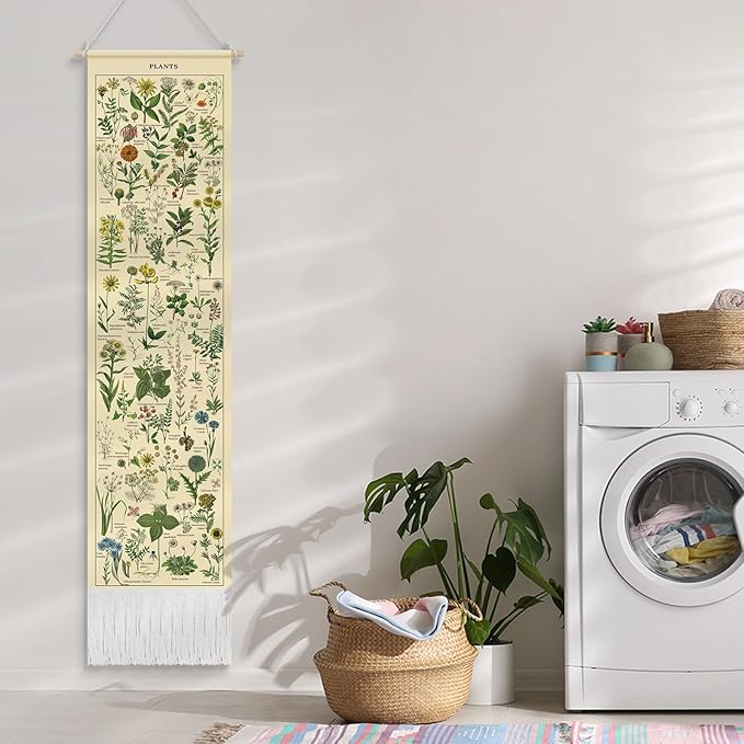Tegeme Vintage Tapestry 52 x 13 Inch, Long Vertical Wall Hanging Reference Illustrative Botanical Tassel Tapestry for Bedroom Living Room Home Decoration(Plants)