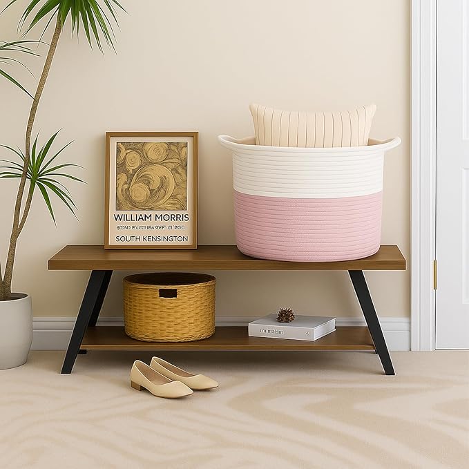 ShellKingdom Laundry Basket, Large Natural Rope Woven Storage Basket with Handles for Home, Living Room, Laundry, Storage Organizer for Blankets, Clothes, Toys, 13.78 x 21.65 INCH (2-Toned White Pink)