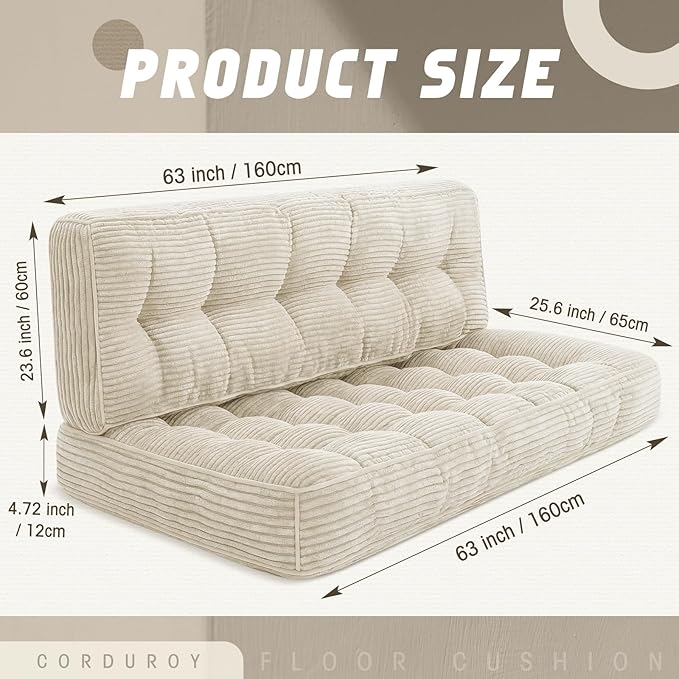 63 Inch Folding Sofa Bed Convertible Chair, 2-in-1 Convertible Boneless Sofa Floor Cushions Couch Mattress Oversized Corduroy Upholstered Sleeper Chair for Living Room Guest Apartment(Beige)