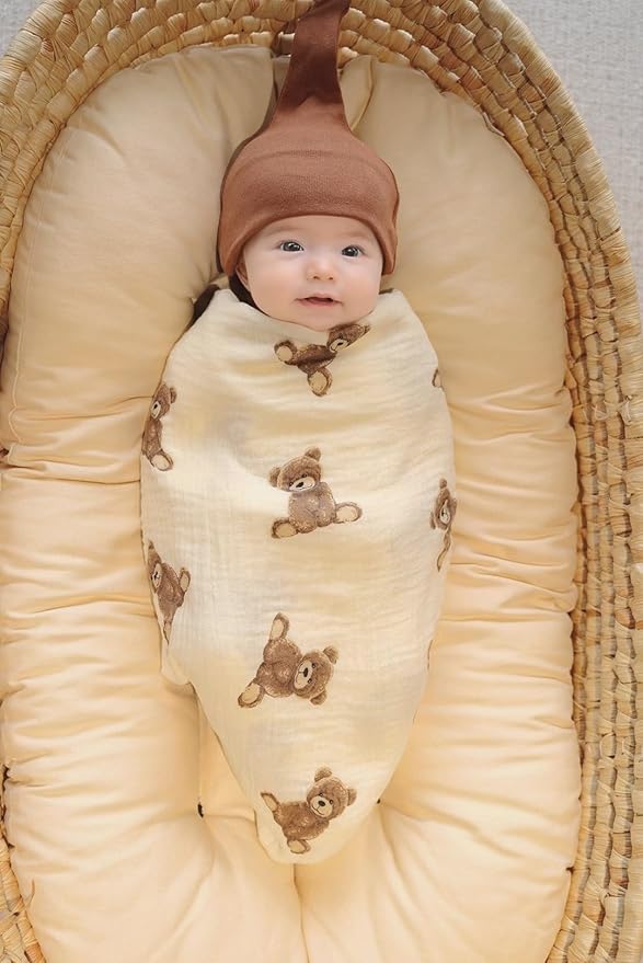 Little Jump 2-Pack Cotton Muslin Swaddle Blankets for Baby Boys Girls Unisex - Boho Teddy Bear Baby Blanket Nursery Swaddling Blankets- Large 47 x 47 inches Receiving Blanket Neutral (Teddy Bear)