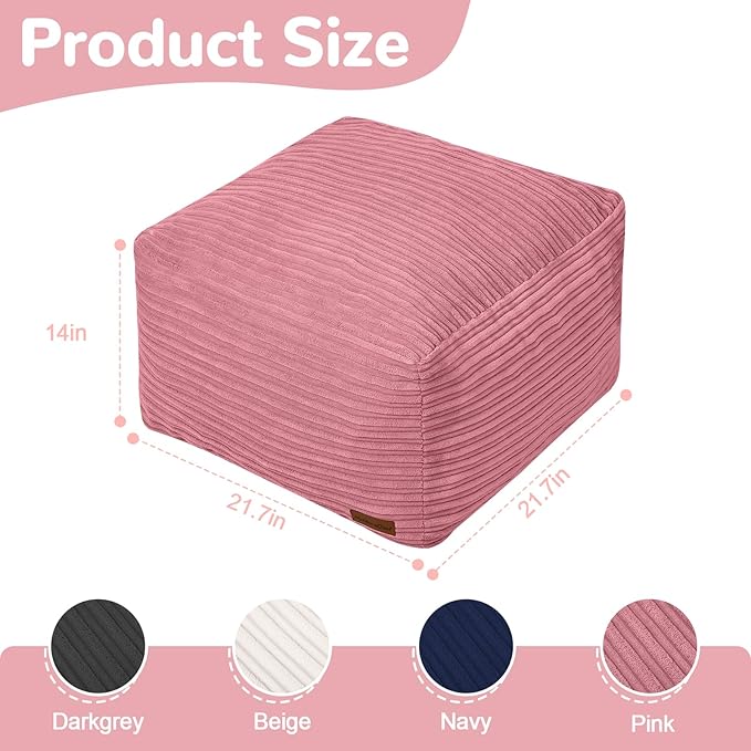 MeMoreCool Square Stuffed Pouf Ottoman Foot Rest, Stripe Furry Floor Pouf Foot Stool with Foam Chunk Filling, Soft Fluffy Stuffed Ottoman Footrest for Living Room, Corduroy Pink