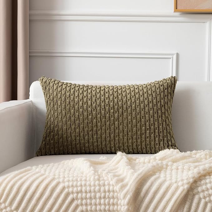 Kevin Textile 12x24 Inch Pillow Cover 1 Pack Boho Decorative Soft Striped Corduroy Lumbar Farmhouse Color Accent Rectangle Cushion Case for Living Room Couch Sofa Bed, Olive Green