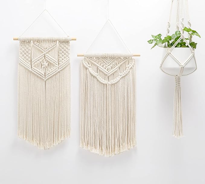 Mkono 2 Pcs Macrame Wall Hanging Boho Wall Art Decor Woven Chic Bohemian Room Decor for Bedroom Nursery Living Room Dorm Apartment, Medium Size 22" L x 13" W and 24" L x 13" W