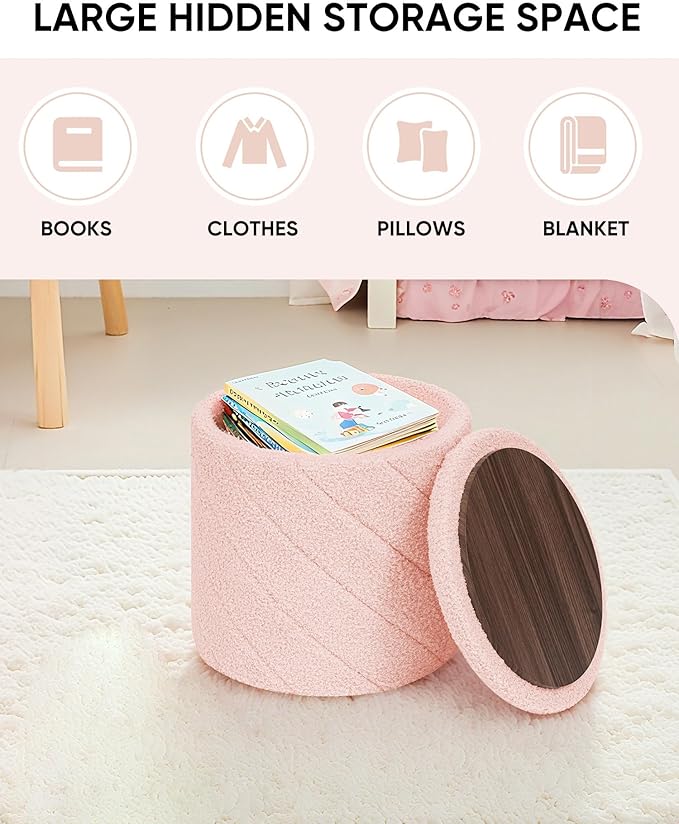 B FSOBEIIALEO Ottoman with Stroage, Boucle Round Storage Ottoman with Tray,Foot Rest Stool for Dorm Room, Living Room Pink, 12.99"x12.99"x13.78"