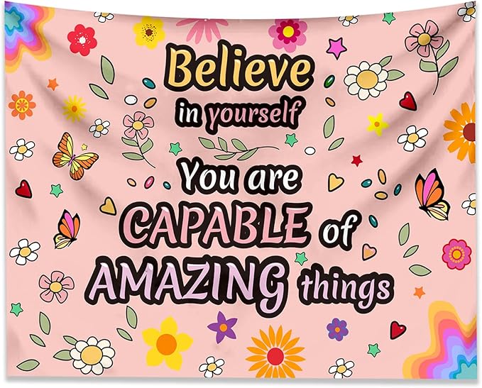 KJHL Pink Floral Motivational Tapestry Wall Hanging 44" x 60" Positive Affirmations Inspirational Kids Tapestries for Classroom Bedroom Dorm