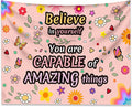 KJHL Pink Floral Motivational Tapestry Wall Hanging 44" x 60" Positive Affirmations Inspirational Kids Tapestries for Classroom Bedroom Dorm