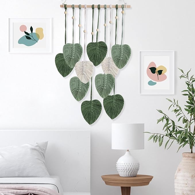 EaseMyKit Macrame Wall Hanging Leaves Tapestry, Boho Wall Decor Woven Feather Handmade Yarn Tassels Leaf Wall Art Decorations for Nursery, Bedroom, Office,Living Room,16x26 Inch(Green)