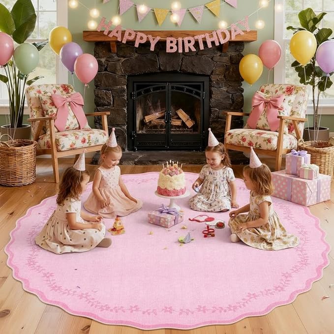 GarveeHome Round Area Rugs 4ft for Kids Room, Solid Pink Scalloped Washable Circle Rug Soft Non Slip Floral Print Floor Mat Carpet Indoor Thin Tent Rug for Bedroom Dining Room Playroom Nursery