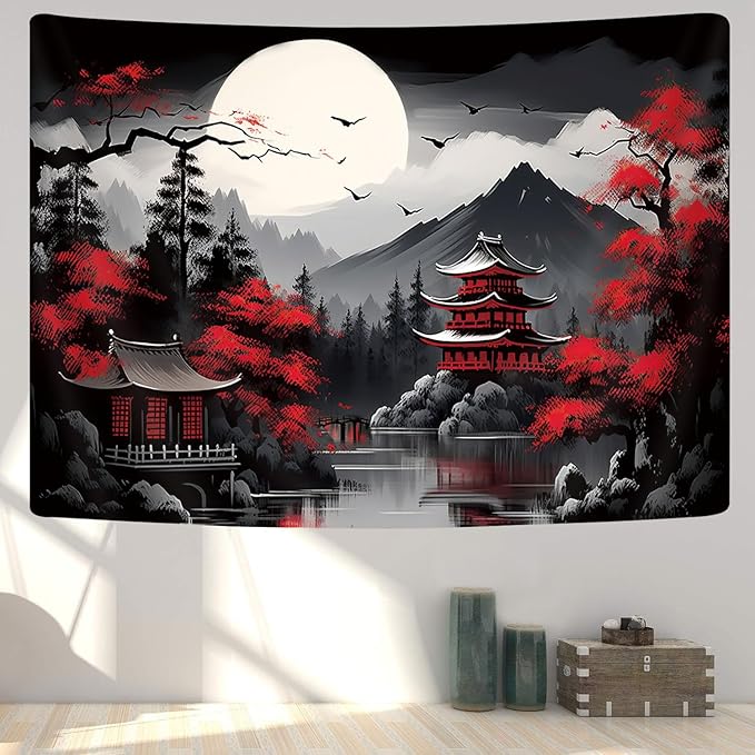 Mountain Forest Nature Tapestry for Bedroom, Black and White Moon Landscape Wall Hanging, Tree Sunset Dark Large Asia Japanese Tapestries Aesthetic Anime Art Decor for Living Room College Dorm, 60x40