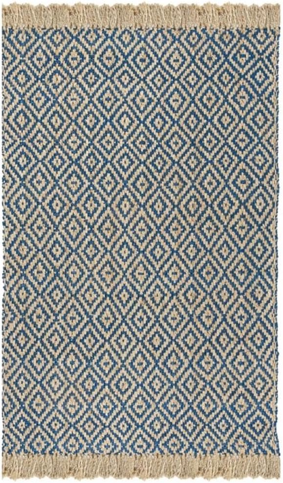 SAFAVIEH Natural Fiber Collection Area Rug - 10' x 14', Tropical Blue & Natural, Handmade Boho Diamond Tassel Jute, Ideal for High Traffic Areas in Living Room, Bedroom (NF266D)