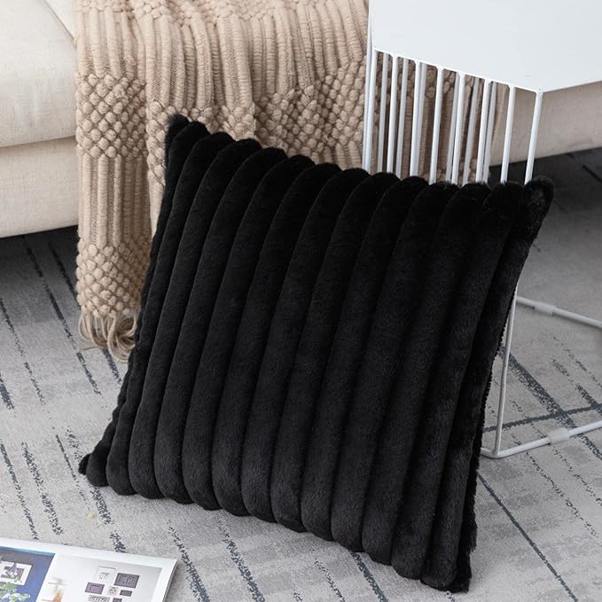 ZLINA Set of 2 Black Faux Fur Decorative Throw Pillow Covers Fluffy Striped Pillowcase Cushion Covers 22 x 22 Inch Decor Sofa Couch Bedroom
