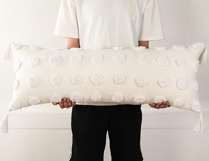 PANOD Decorative Long Lumbar Pillow Cover 14x36 Boho,Super Soft Chenille Extra Long Lumbar Pillow Case Cover with Tassel for Bed Sofa Couch Farmhouse Livingroom,White,Modern Skinny
