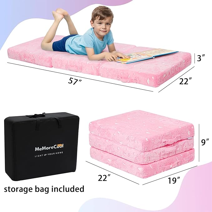 MeMoreCool Foldable Floor Mattress for Kids, Glow Unicorn Trifold Mat, Kids Folding Mattress Portable Futon, 57x22 Inch Pink