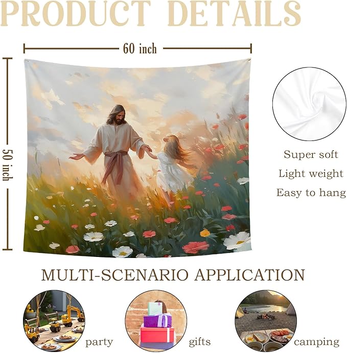 bitCNY Jesus Holding Girl’s Hand Tapestry 60x50 Inches – Christian Faith Tapestry, Inspirational Wall Art for Kids Room, Living Room Religious Decor