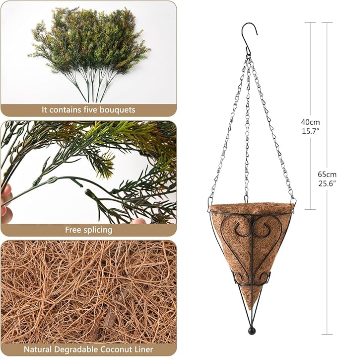 Artificial Faux Hanging Plants Basket for Spring Outdoor Decoration, Fake Seaweed Plant UV Resistant Look Real for Outside Porch Home Patio Balcony Yard(Brownish Green)