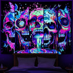 Heopapin Blacklight Skull Art Tapestry UV Reactive Neon Skeleton Butterfly Tapestries Trippy Blacklight Horror Face Tapestry Halloween Aesthetic Wall Decor Tapestries for Home W92×H70