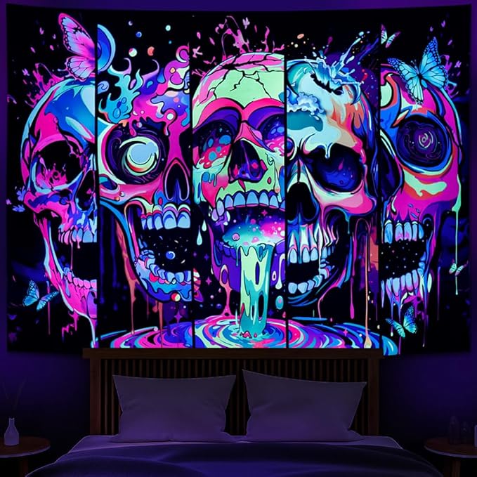 Heopapin Blacklight Skull Art Tapestry UV Reactive Neon Skeleton Butterfly Tapestries Trippy Blacklight Horror Face Tapestry Halloween Aesthetic Wall Decor Tapestries for Home W92×H70