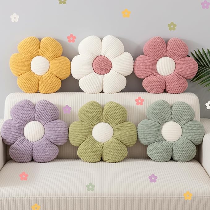 Coume 6 Pcs Flower Floor Pillows - 16 Inch Daisy Throw Pillows Cute Flower Decorative Floor Seat Cushions for Bedroom Home Sofa Chair Couch Decor(White, Pink, Purple, Yellow Green, Dark Green)