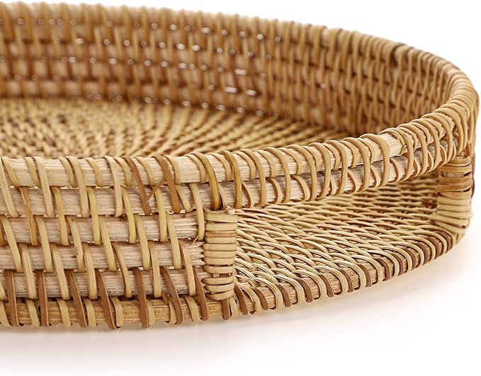 Hipiwe 10" Round Rattan Serving Tray with Handles, Hand-Woven Decorative Organizer Tray for Storage Breakfast Drinks Snack, Centerpiece Fruit Basket for Home Decoration, Small