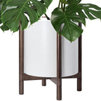 D'vine Dev Planter Pot with Stand - 16 Inch Plastic Cylinder Flower Pot with Wood Planter Holder for Indoor, Matte White Pot + Walnut Color Stand, 55-C-X-1