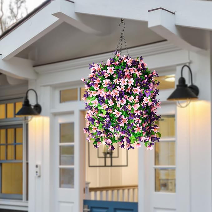 INQCMY Artificial Hanging Flowers in Basket for Outdoor Spring Summer Decoration,4pcs Faux Silk Violet in Planter UV Resistant for Outside Home Patio Garden Porch Deck Decor(Pink Purple)
