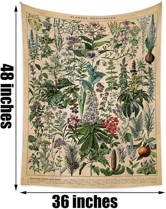 Vintage Flowers Tapestry 48”x36”, Long Vertical Wall Hanging Reference Illustrative Botanical Tapestries for Bedroom Aesthetic Floral Tapistry Botanical Plants Tapestry Wall Hanging Cute Bedroom Decor