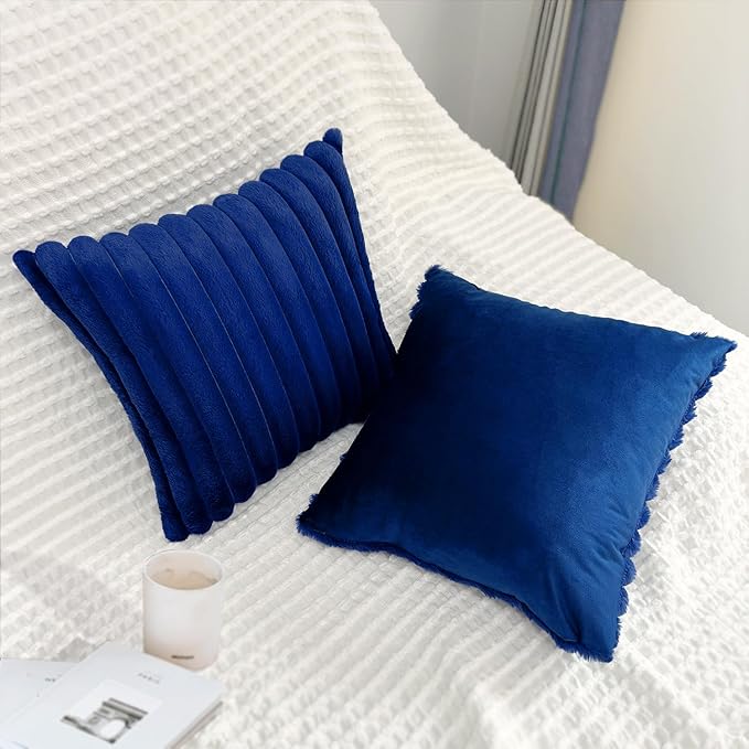 2 Pack 22x22 Pillow Cover Velvet Pillow Covers, Faux Fur Square Throw Pillow Covers for Living Room Decorations Throw Pillow Case, Throw Pillow Cover Cushion Cover for Home Sofa Bedroom Car, Navy Blue