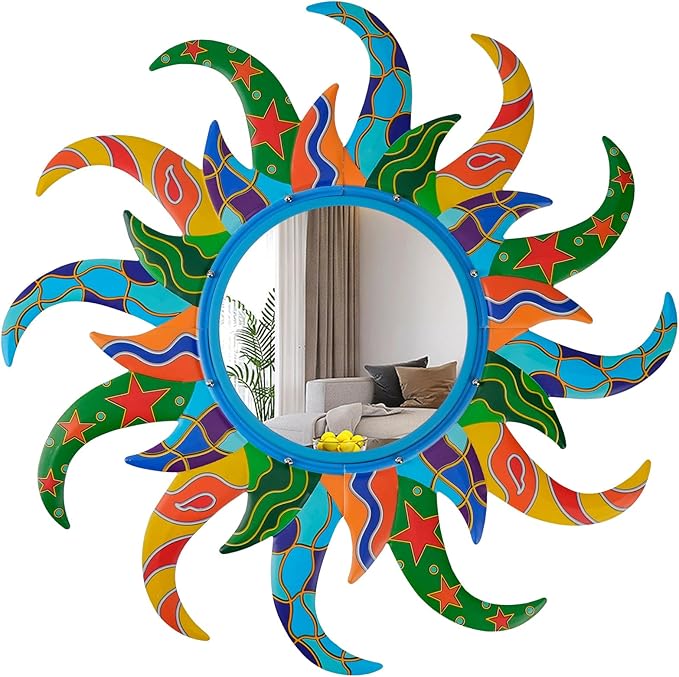 Colorful Sun Wall Mirror Decorative 25 inch Metal Frame Sunburst Boho Mirror for Entryway Bedroom Living Room Bathroom House Warming Gifts New Home Essential (Blue)