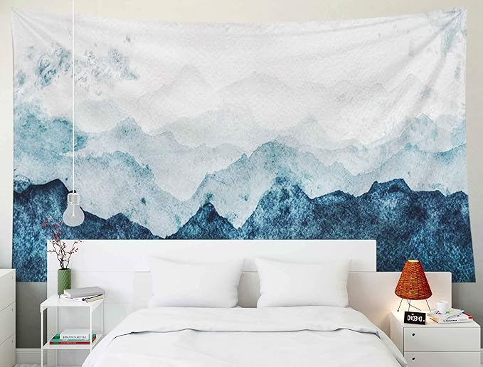 EMMTEEY Mountain Tapestry Wall Hanging Blue Silhouette Fading in Distance Watercolor Large Tapestries 80X60 Inches Tapestry for Living Room Bedroom Home Inhouse