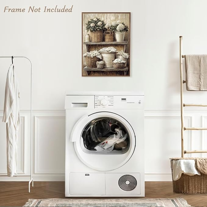 Dazzlewall Laundry Room Wall Art Decor Unframed, Rustic Vintage Floral Woven Basket Artwork Print for Laundry Bathroom Retro Farmhouse Botanical Bathroom Wall Decor, 12x16 in