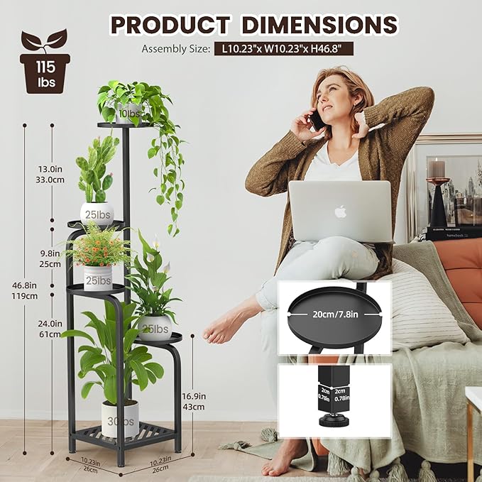TOSKING 5 Tier Tall Plant Stand Indoor Outdoor,Anti-Tip Plant Stand indoor, Wide Base for Pots, Child and Pet Friendly,Heavy Duty Corner Shelf for Plants & Decor, Space Saving ,Tiered Metal Flower Pot Stand for Balcony, Garden, Living Room, Patio (Blac...