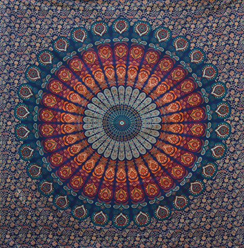 Bless International Handmade Indian hippie Bohemian Psychedelic Peacock Mandala Wall hanging College Dorm Beach Throws Table Cloth Bedding Tapestry (Golden Blue, Queen(84x90Inches)(215x230Cms)) - color: Golden Blue, size: 90"L x 84"W