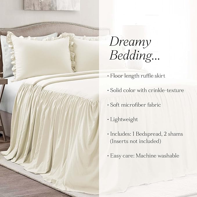 Lush Decor Ruffle Skirt Bedspread Set - 3-Piece Luxurious Farmhouse Bedding - Elegant Ruffle Detail - Timeless Style - Soft Lightweight Sheets - King, Ivory