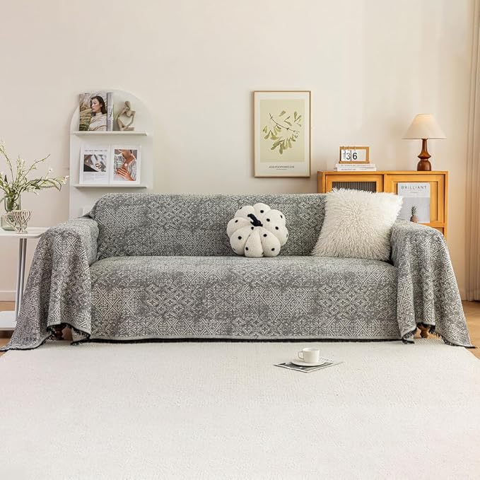 ROOMLIFE Couch Cover Black Boho Sofa Covers for 3 Cushion Couch Washable, Furniture Protector Sofa Couch Cover for Dogs, Soft Breathable Sofa Slipcover, Couch Throw Blankets with Tassels 71''X134''