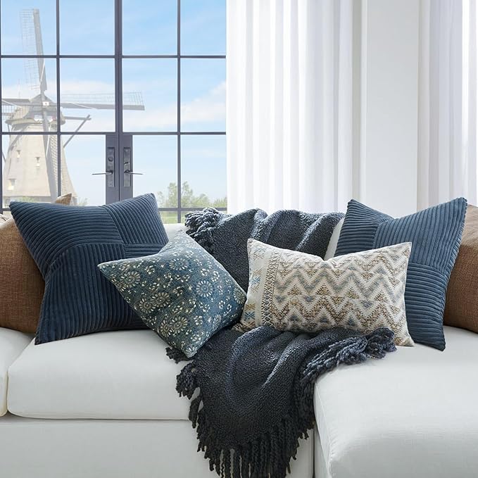 Topfinel NavyBlue Decorative Throw Pillow Covers,24x24 Pillow Covers Set of 4 with Striped Corduroy,Boho Soft Accent Cushion Covers for Couch,Bed,Living Room Home Decor