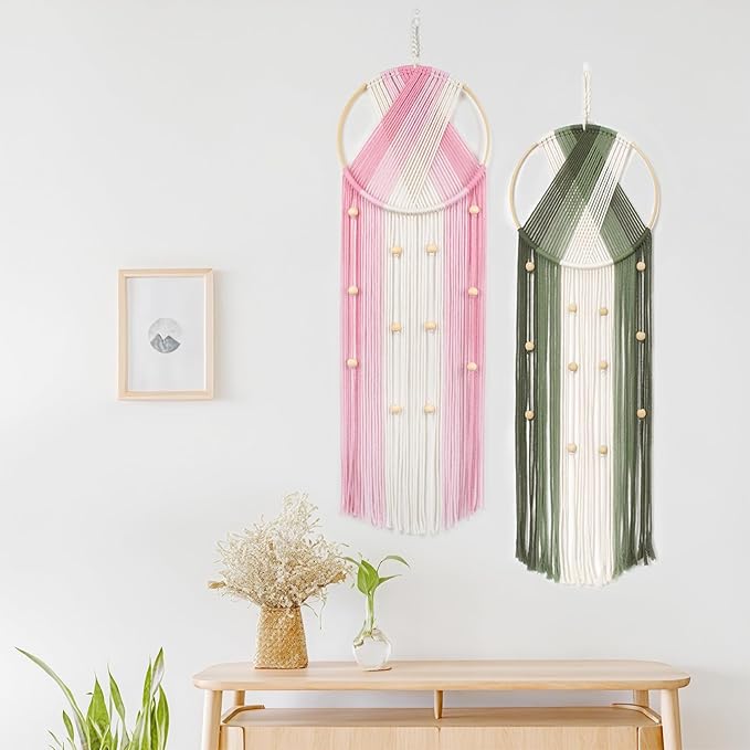 LB 2Pc Boho Macrame Wall Hanging Modern Aesthetic Wall Decor Pink and Green Hand Woven Cotton Macrame Wall Art with Wood beads Boho Tapestry for Home, Bedroom, Living Room