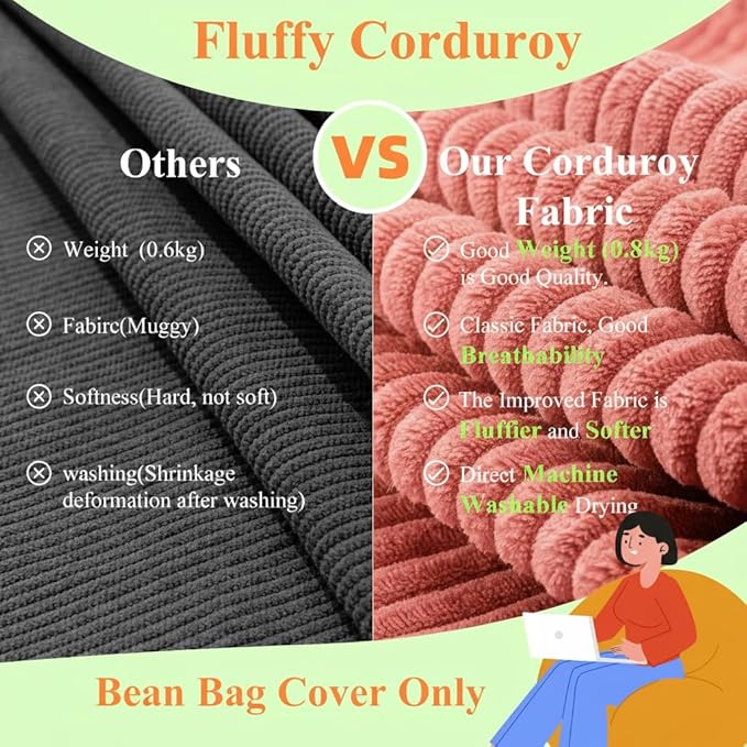 Stuffed Animal Storage Bean Bag Chair Cover (No Filler),Large Toy Storage Organizer & Comfy Kids Sofa Chair for Playroom, Teens Adults Toddler - Corduroy (Pink, Cover Only)