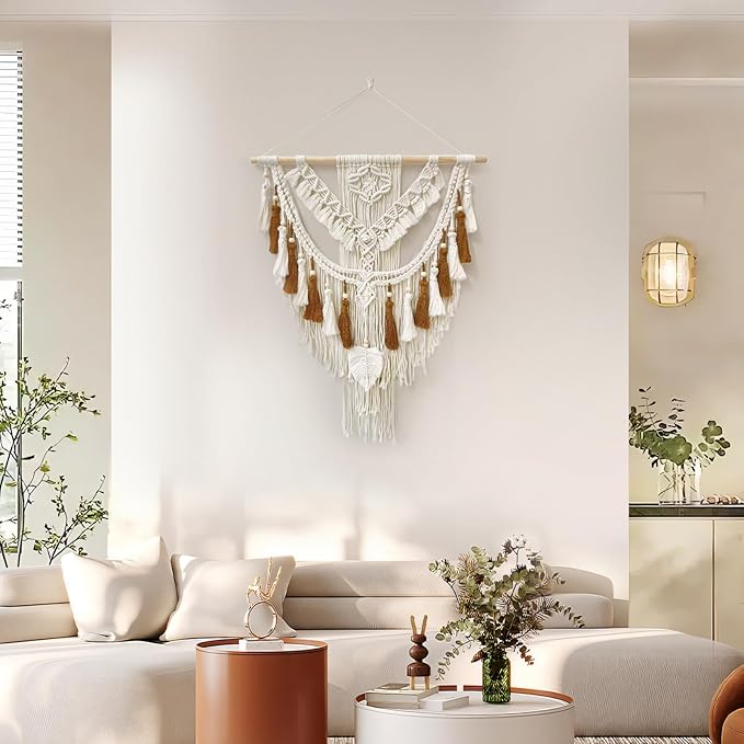lokeisna Macrame Wall Hanging, Woven Tapestry Beige & Dusty Rose Handmade Craft Macrame Wall Room Decor, Gallery & Nursery, Size 37.4” Lx27.5” W