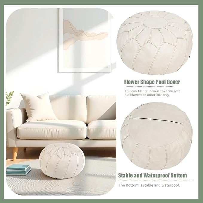 Thgonwid Round Unstuffed Pouf Cover, Leather Foot Stool Ottoman with Storage, Bean Bag Floor Chair, Multi Functional Footrest for Living Room, Bedroom or Balcony (Ivory)