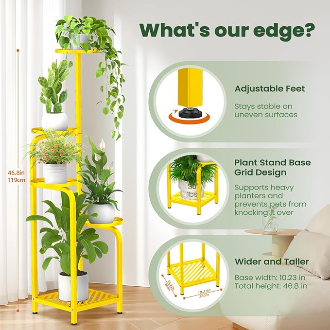 TOSKING 5 Tier Tall Plant Stand Indoor Outdoor,Anti-Tip Plant Stand indoor, Wide Base for Pots, Child and Pet Friendly,Heavy Duty Corner Shelf for Plants & Decor, Space Saving ,Tiered Metal Flower Pot Stand for Balcony, Garden, Living Room, Patio (Yell...