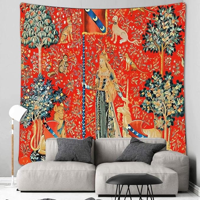 FEASRT European Royal Tapestry Medieval Princess Tapestry, 40x30 Inches Soft Flannelette, Lady and Unicorn for Living Room Bedroom Dorm Decor