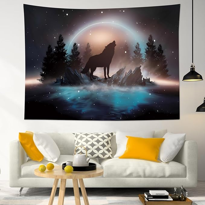 LB Black Wolf Tapestry Forest Mountain and Blue Ocean Wall Tapestry Moon in Starry Sky Tapestries for Bedroom Living Room College Dorm Wall Decor,78Wx60H inches