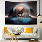 LB Black Wolf Tapestry Forest Mountain and Blue Ocean Wall Tapestry Moon in Starry Sky Tapestries for Bedroom Living Room College Dorm Wall Decor,59Wx51H inches